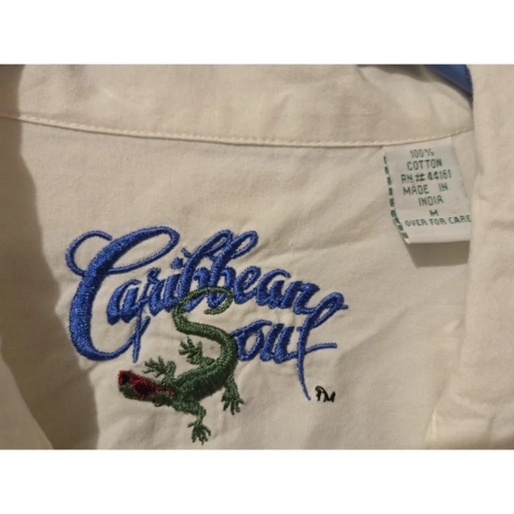 Caribbean Soul Jimmy Buffett Button Up Shirt Sz Medium White Parrots Hula Dancer